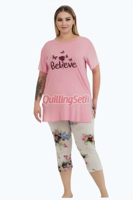 Pembe Renk ve Çiçek Desenli Lady 10724  Kadın Büyük Beden Kapri Pijama Takımı