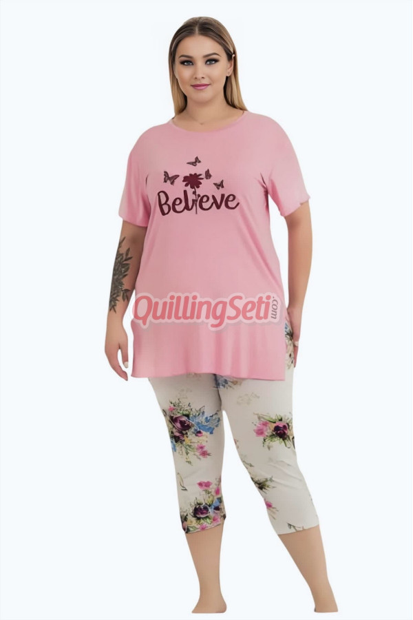 pembe renk ve çiçek desenli lady 10724  kadın büyük beden kapri pijama takımı, 8509990026271, lady pijama takımı, Lady