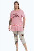 Pembe Renk ve Çiçek Desenli Lady 10724  Kadın Büyük Beden Kapri Pijama Takımı