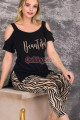siyah renk ve zebra desenli 12021 kadın kaprili lady pijama takımı, 8509990024246, lady pijama takımı, Lady
