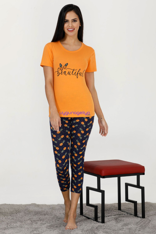 sarı renk ve ananas desenli 12022 kadın kaprili lady pijama takımı, eli̇t0012022-m, lady pijama takımı, Lady