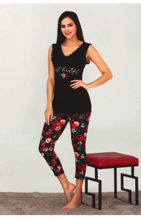 Siyah Renk ve Çiçek Desenli 12023 Kadın Kaprili Lady Pijama Takımı