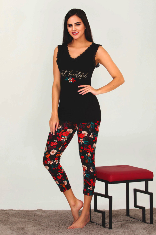 siyah renk ve çiçek desenli 12023 kadın kaprili lady pijama takımı, lady-12023-m, lady pijama takımı, Lady