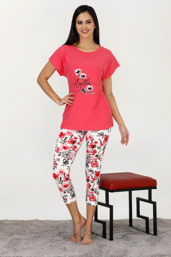 fuşya renk ve çiçek desenli 12027 kadın kaprili lady pijama takımı, eli̇t0012027-m, lady pijama takımı, Lady