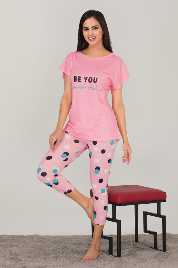 pembe renk ve puantiye desenli 12042 kadın kaprili lady pijama takımı, eli̇t0012042-m, lady pijama takımı, ELİT0012042-M