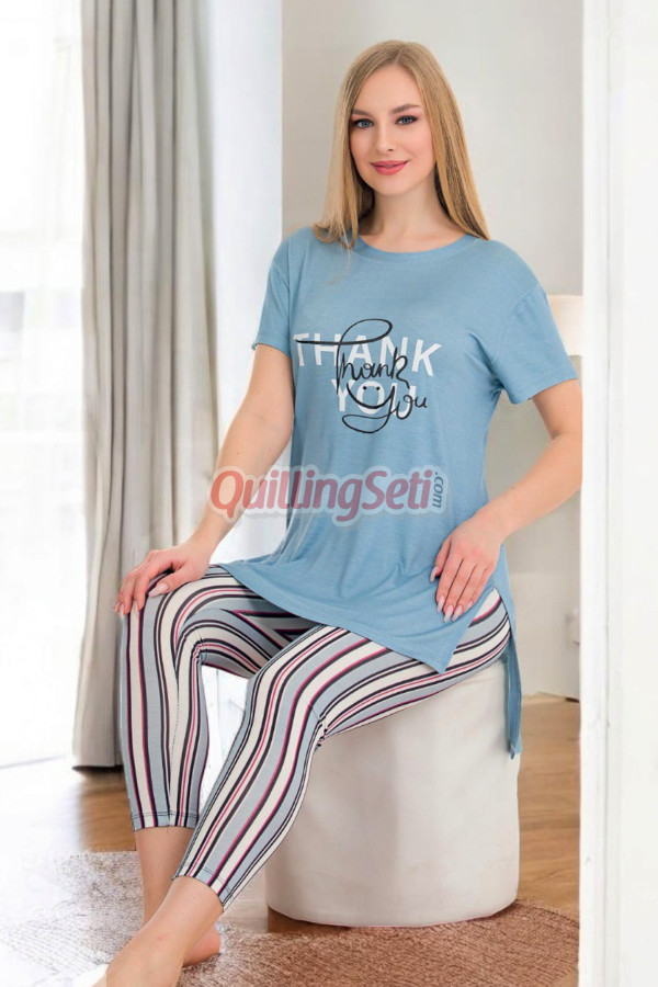 açık mavi renk ve çizgi desenli pamuklu kadınların tercihi lady 12049 kapri ve taytlı lady pijama takımı, 8509990024710, lady pijama takımı, Lady