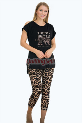 Siyah Renk ve Leopar Desenli Pamuklu Kadınların Tercihi Lady 12050 Kapri ve Taytlı Lady Pijama Takımı