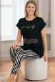 siyah renk ve beyaz çizgili 12054 kadın kaprili lady pijama takımı, 8509990024598, lady pijama takımı, Lady