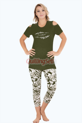 Haki Renk ve Desenli Pamuklu Kadınların Tercihi Lady 12070 Kapri ve Taytlı Lady Pijama Takımı