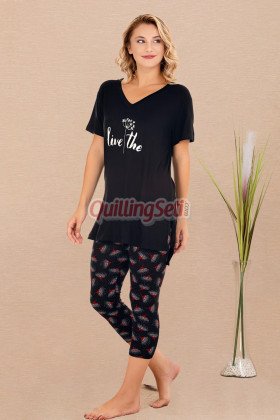Siyah Renk ve Çiçek Desenli Pamuklu Kadınların Tercihi Lady 12081 Taytlı Kapri Lady Pijama Takımı