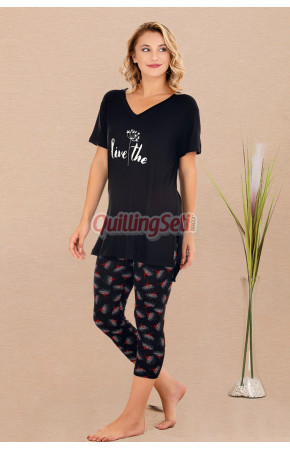 Siyah Renk ve Çiçek Desenli Pamuklu Kadınların Tercihi Lady 12081 Taytlı Kapri Lady Pijama Takımı