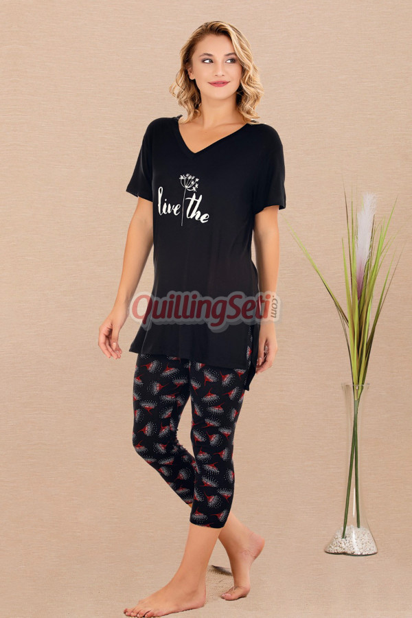siyah renk ve çiçek desenli pamuklu kadınların tercihi lady 12081 taytlı kapri lady pijama takımı, 8509990029401, lady pijama takımı, Lady