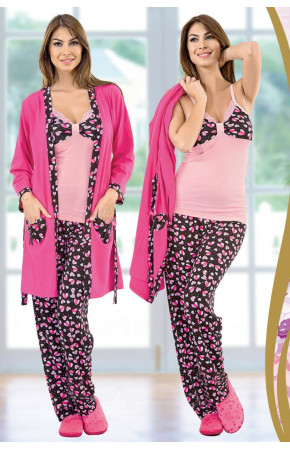 Kadın 3 lü Pijama Takımı - Jenika 9478 Bayan Sabahlıklı Pijama Takımı