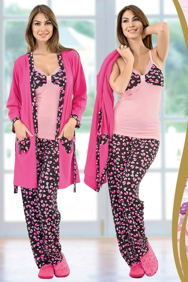 kadın 3 lü pijama takımı - jenika 9478 bayan sabahlıklı pijama takımı, jenika9478, 3 lü pijama takımı