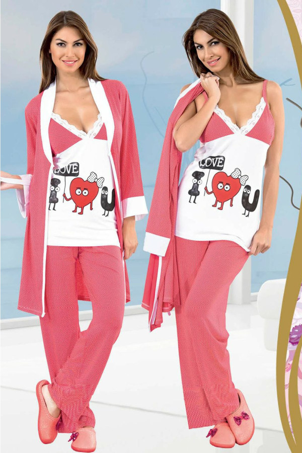 kadın 3 lü pijama takımı - jenika 9480 bayan sabahlıklı pijama takımı, jenika9480, 3 lü pijama takımı