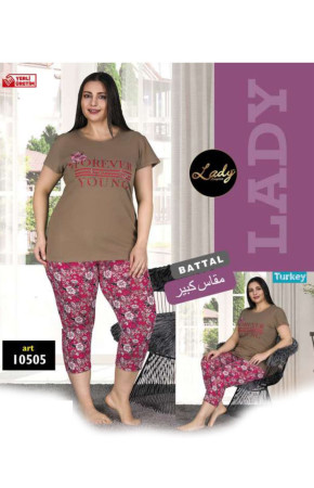 Lady 10504 Büyük Beden Pembe Renk ve Desenli Kapri Pijama Takımı