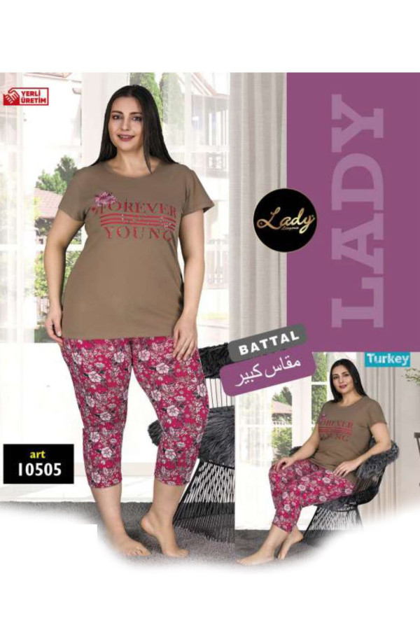 lady 10504 büyük beden pembe renk ve desenli kapri pijama takımı, ladybttlkpr10505, lady pijama takımı, Lady