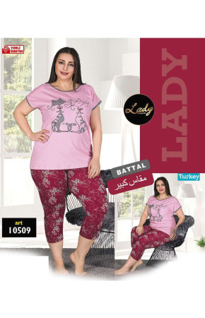 Lady 10508 Büyük Beden Pudra Renk ve Desenli Kapri Pijama Takımı