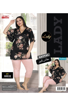 Lady 10529 Büyük Beden Siyah Renk ve  Desenli Kapri Pijama Takımı