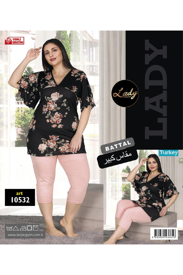 lady 10529 büyük beden siyah renk ve  desenli kapri pijama takımı, ladybttlkpr10532, lady pijama takımı