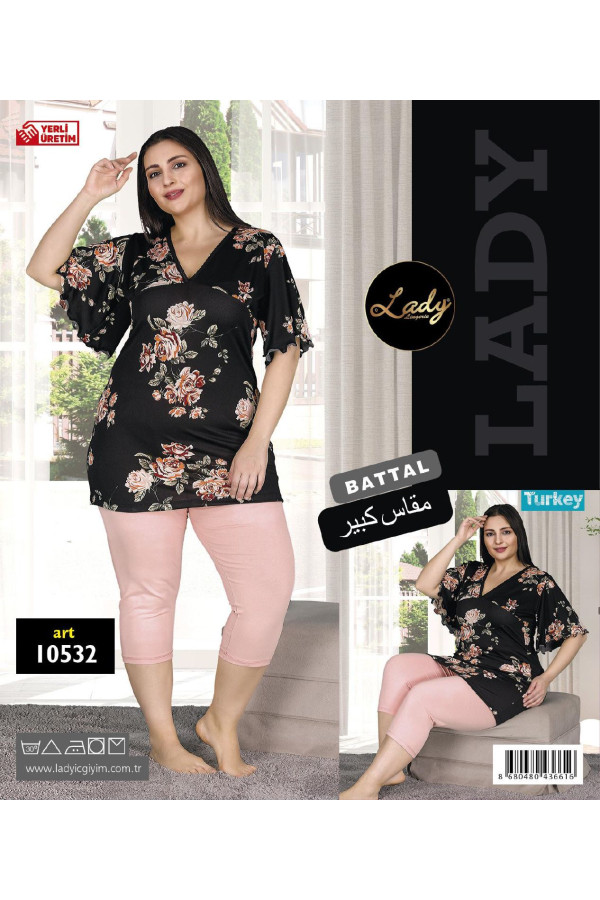 lady 10529 büyük beden siyah renk ve  desenli kapri pijama takımı, ladybttlkpr10532, lady pijama takımı, Lady