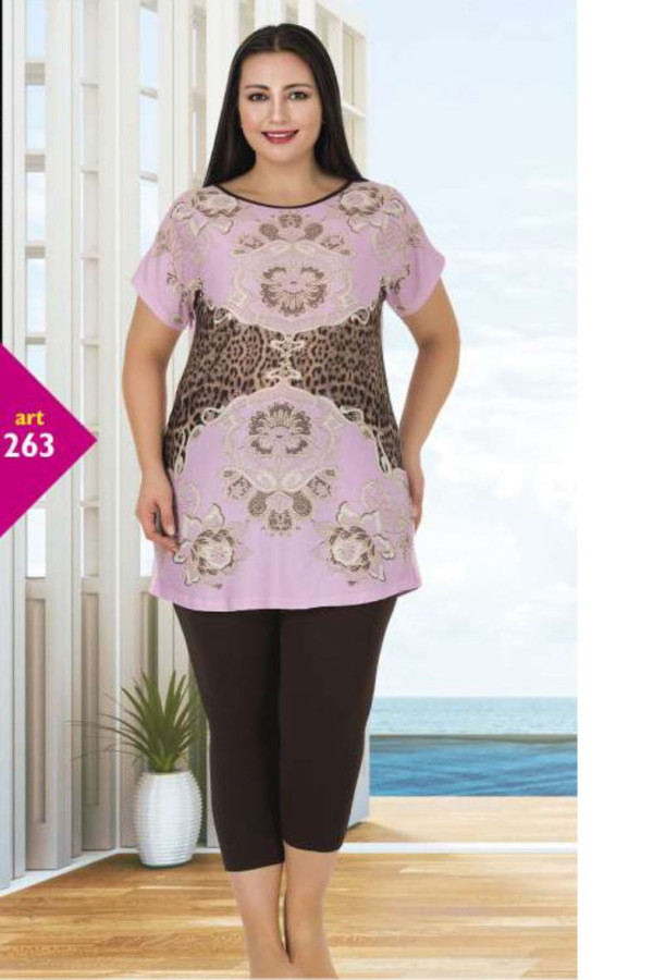 lady 263 büyük beden açık lila renk ve desenli kapri pijama takımı, ladybttlpjm404, lady pijama takımı, Lady