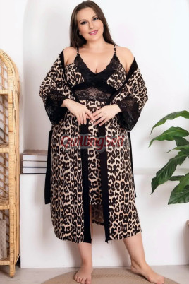 Siyah Renk Leopar Desenli Lady 19204 Kadın Büyük Beden Sabahlıklı Gecelik Takım