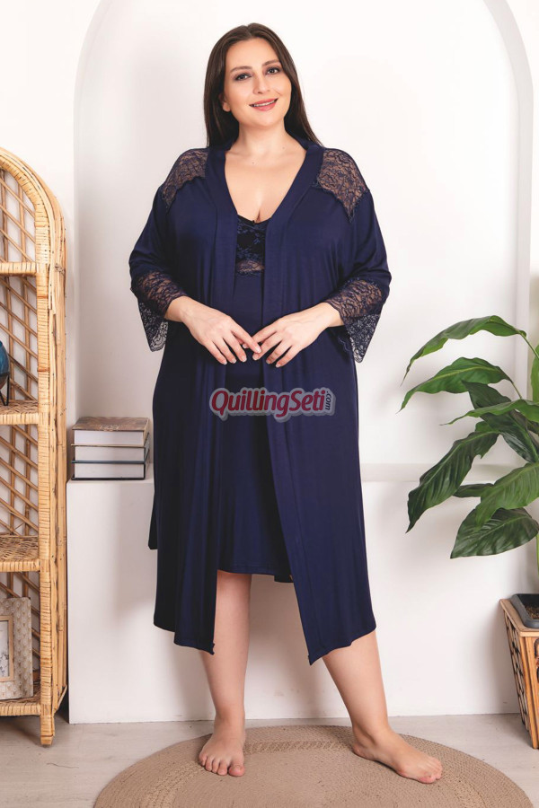 lacivert renkli ve dantel detaylı lady 19213 kadın büyük beden sabahlıklı gecelik takım, 8509990014773, lady pijama takımı, Lady