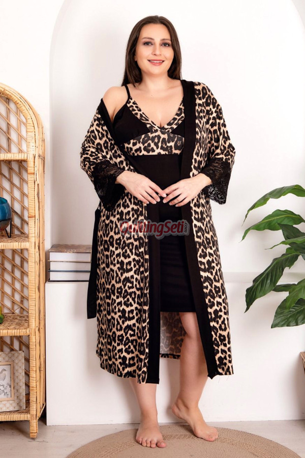 siyah renk leopar desenli lady 19219 kadın büyük beden sabahlıklı gecelik takım, 8509990006228, lady pijama takımı, Lady
