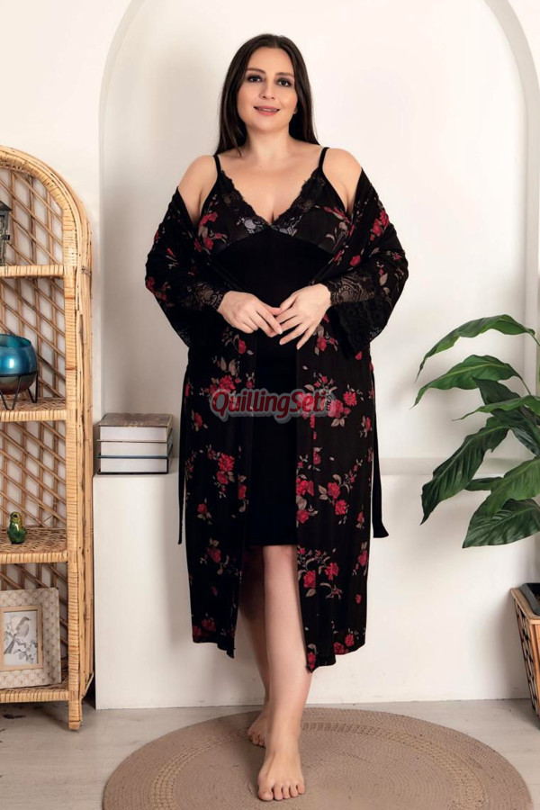 siyah renk kımrızı çiçek desenli lady 19225 kadın büyük beden sabahlıklı gecelik takım, 8509990006259, lady pijama takımı, Lady