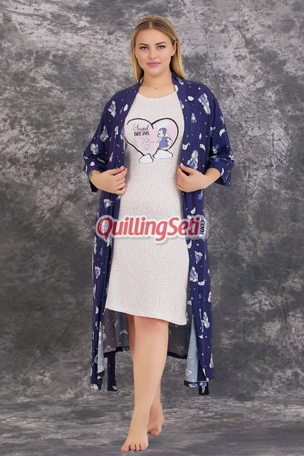lacivert - beyaz renkli ve desenli lady 19233 kadın büyük beden sabahlıklı gecelik takım, 8509990026691, lady pijama takımı, Lady