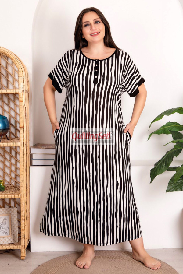 siyah beyaz renk çizgili desen kısa kol düğmeli yuvarlak yaka, lady 7256 battal büyük beden anne gecelik, anne uzun elbise, 8509990007652, lady pijama takımı, Lady