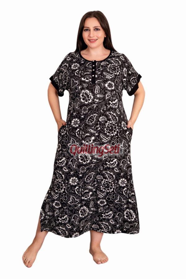 siyah beyaz renk çiçek desenli kısa kol düğmeli yuvarlak yaka, lady 7257 battal büyük beden anne gecelik, anne uzun elbise, 8509990007850, lady pijama takımı, Lady