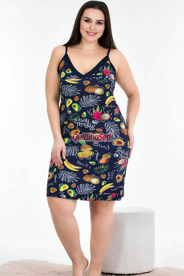 lacivert renk ve desenli kadın askılı kol büyük beden anne tunik gecelik - 8716, 8509990001773, lady pijama takımı, Lady