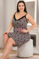 kahverengi renk ve çizgili desen kadın askılı kol büyük beden anne tunik gecelik - 8717, 8509990001803, lady pijama takımı, Lady