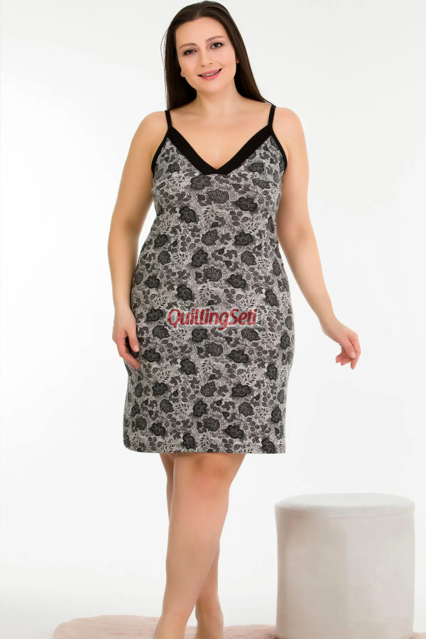 gri renk ve çiçekli desen kadın askılı kol büyük beden anne tunik gecelik - 8719, 8509990001834, lady pijama takımı, Lady