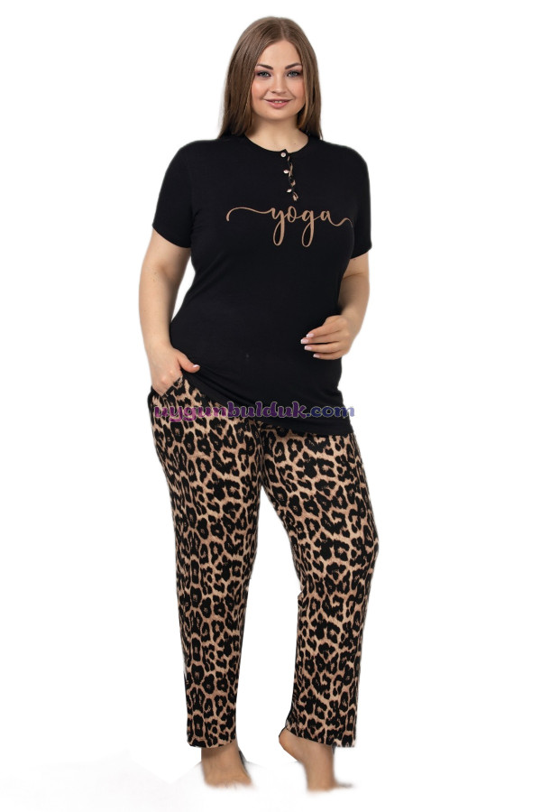 siyah renk leopar desenli düğmeli yaka lady 10850 battal boy büyük beden kısa kol pijama takımı, qs--lady-10850-2xl, büyük beden (battal boy) pijama takımları, Lady