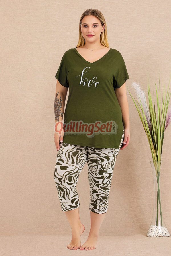 haki renk ve desenli lady 10715 kadın büyük beden kapri pijama takımı, 8509990023782, lady pijama takımı, Lady