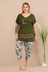 Haki Renk Ve Desenli Lady 10715 Kadın Büyük Beden Kapri Pijama Takımı