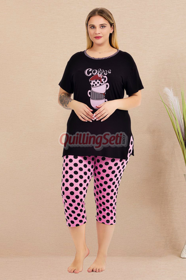 pembe - siyah renk ve puantiye desenli lady 10723 kadın büyük beden kapri pijama takımı, 8509990023591, lady pijama takımı, Lady