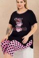 pembe - siyah renk ve puantiye desenli lady 10723 kadın büyük beden kapri pijama takımı, 8509990023591, lady pijama takımı, Lady