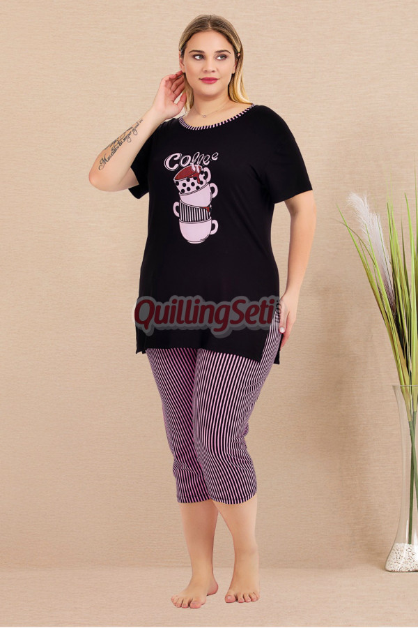 pembe - siyah renk ve çizgili desen lady 10728 kadın büyük beden kapri pijama takımı, 8509990023751, lady pijama takımı, Lady