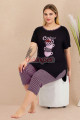 pembe - siyah renk ve çizgili desen lady 10728 kadın büyük beden kapri pijama takımı, 8509990023751, lady pijama takımı, Lady