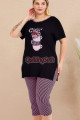 pembe - siyah renk ve çizgili desen lady 10728 kadın büyük beden kapri pijama takımı, 8509990023751, lady pijama takımı, Lady
