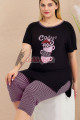 pembe - siyah renk ve çizgili desen lady 10728 kadın büyük beden kapri pijama takımı, 8509990023751, lady pijama takımı, Lady