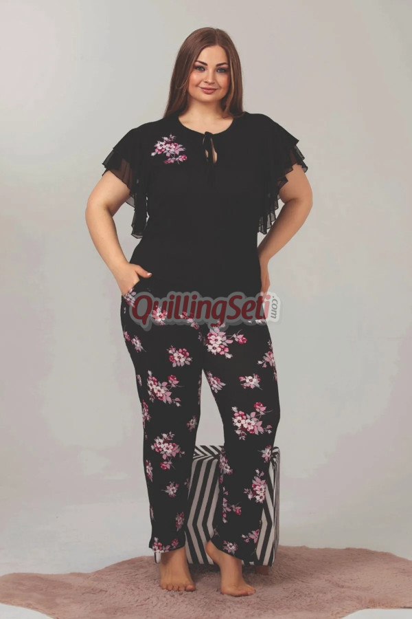 siyah renk çiçek desenli bağlamalı yaka lady 10852 battal boy büyük beden kısa kol pijama takımı, lady-10852-2x, büyük beden (battal boy) pijama takımları, Lady