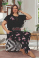 siyah renk çiçek desenli bağlamalı yaka lady 10852 battal boy büyük beden kısa kol pijama takımı, lady-10852-2x, büyük beden (battal boy) pijama takımları, Lady