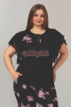 siyah renk çiçek desenli bağlamalı yaka lady 10852 battal boy büyük beden kısa kol pijama takımı, lady-10852-2x, büyük beden (battal boy) pijama takımları, Lady