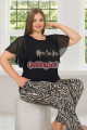 siyah renk zebra desenli bisiklet yaka lady 10881 battal boy büyük beden kısa kol pijama takımı, 8509990020545, büyük beden (battal boy) pijama takımları, Lady