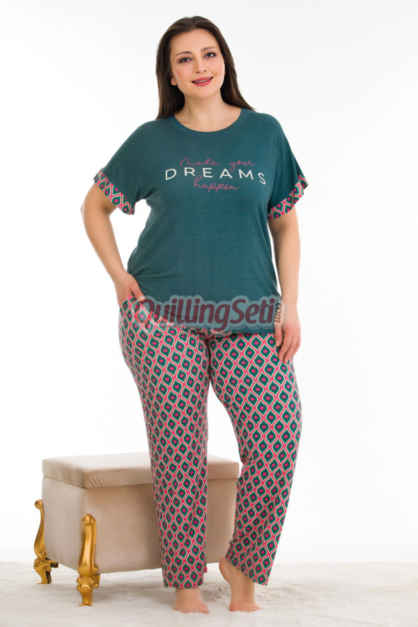 yeşil renk ve desenli bisiklet yaka lady 10932 battal büyük beden kısa kol anne pijama takımı, lady-10932-2xl, büyük beden (battal boy) pijama takımları, Lady